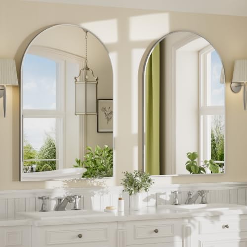 22"x30" Brushed Nickel Arched Vanity Bathroom Mirror, Set of 2