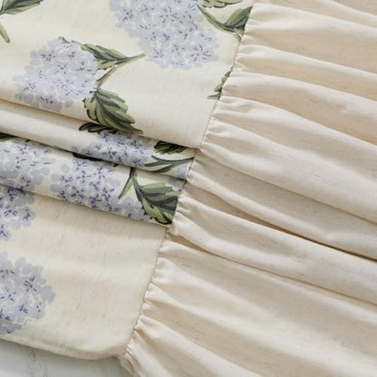 ORTIGIA Linen Textured Ruffle Shower Curtain with Metal Hooks, Vintage Blue Floral Hydrangea Boho Waterproof Bath Curtain for Rustic Farmhouse Bathroom Decor 72x72 Inch