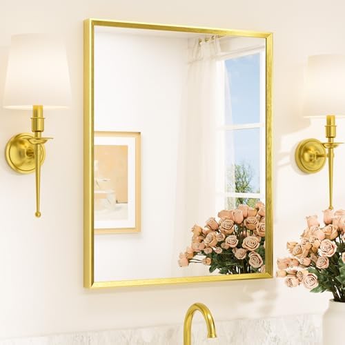TETOTE Brushed Gold Bathroom Mirror 24" x 30" Brushed Brass Gold Rectangle Beveled Framed Bathroom Vanity Mirror for Over Sink, Tempered Glass, Modern Farmhouse Bedroom, Entryway, Living Room