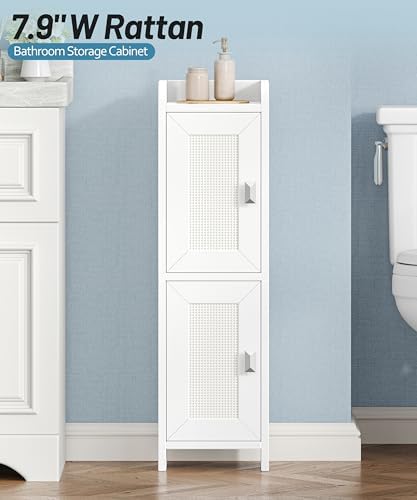 Akxomel Rattan Small Bathroom Cabinet Narrow Toilet Paper Organizer White