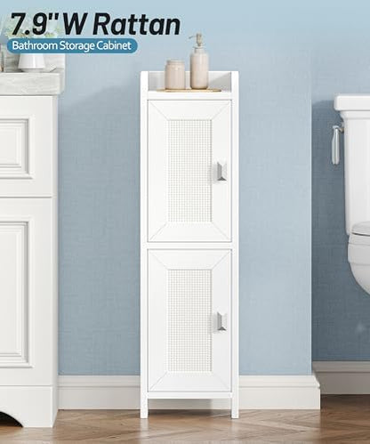 Akxomel Rattan Small Bathroom Cabinet Narrow Toilet Paper Organizer White
