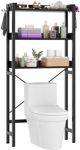 Besiost Over The Toilet Storage Rack - 3 Tier Bathroom Organizer with Shelves, Freestanding Space Saver Storage Rack Above Toilet Stand with 4 Hooks for Restroom, Laundry, Black