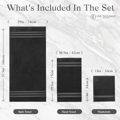 Premium Staple Cotton Bathroom Towel Set - Black 600 GSM 6-Piece Luxury Bath Towel Set 3 Stripe - 2 Bath Towels, 2 Hand Towels & 2 Washclothes Set - High Absorbent & Quick Dry for Gym, Spa, Hotel