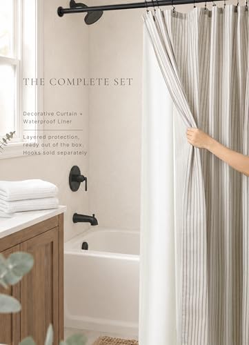 Farmhouse Striped Shower Curtain - Extra Long 72x84 Inches, Linen Blend Fabric, Breathable & Machine Washable, Rustic Taupe for Bathroom Decor (Hooks/Liner Not Included)