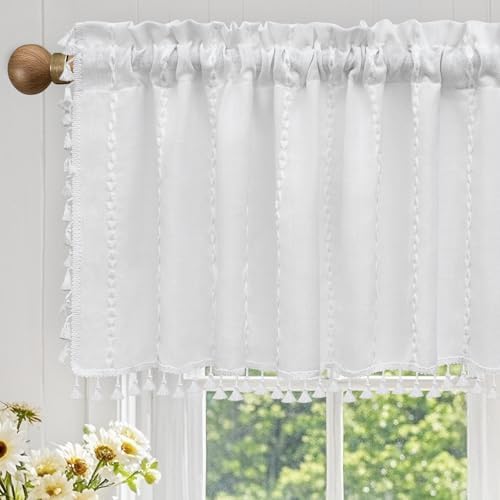 Seenus White Boho Farmhouse Valance Curtain with Tassels, 52 x 18 inch Linen Textured Window Curtain for Living Room, Striped Light Filtering Valance for Kitchen Bedroom Bathroom Rod Pocket