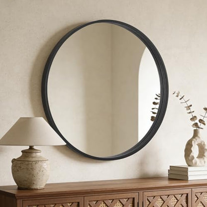 WallBeyond Round Wood Mirror, 32" Round Modern Decoration Large Circle Wall Mirror for Bathroom Living Room Bedroom Entryway, Black