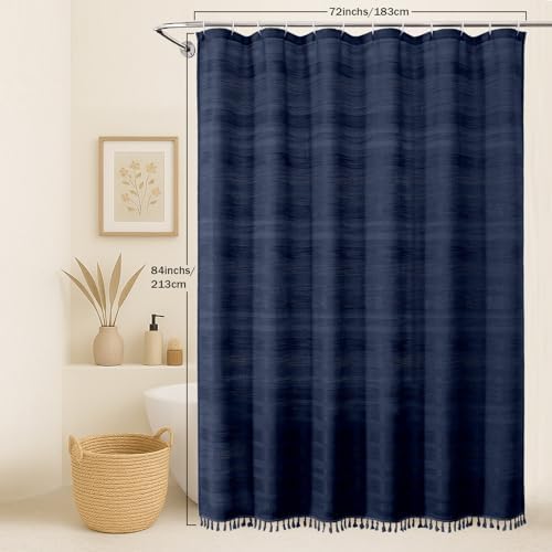 OVZME Extra Long Boho Shower Curtain 84 Inch Long, Modern Farmhouse Heavy Duty Linen Textured Soft Fabric, Rustic Country Cloth Shower Curtain with Tassel for Bathroom Hotel, 72Wx84L, Navy Blue
