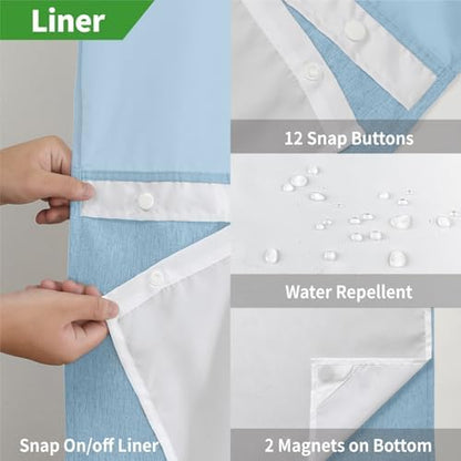 eachope No Hook Fabric Shower Curtain with Snap-in Liner,71x74 Fog Blue