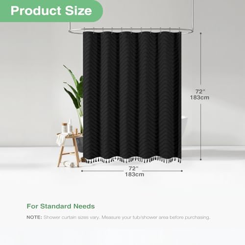 Dynamene Boho Farmhouse Fabric Shower Curtain Tufted Chevron 72"x72" Black