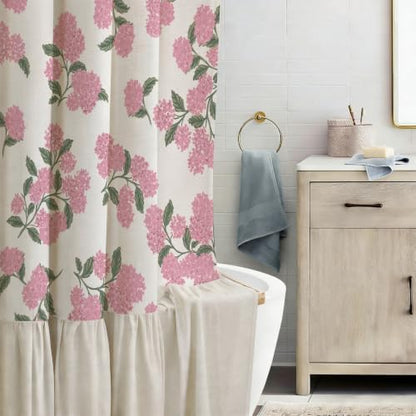 ORTIGIA Linen Textured Ruffle Shower Curtain with Metal Hooks, Vintage Pink Hydrangea Floral Boho Waterproof Bath Curtain for Rustic Farmhouse Bathroom Decor 72x72 Inch