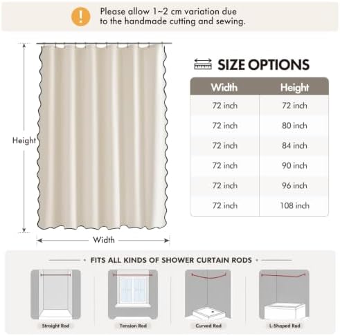 ANRODUO Ivory Scalloped Linen Textured Shower Curtain, W72 x L84