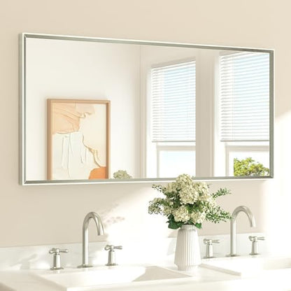 TETOTE Brushed Nickel Bathroom Mirror 48" x 24" Beveled Frame Rectangle Bathroom Vanity Wall Mirror for Over Sink, Tempered Glass, Stronger Frame, Modern Farmhouse Bedroom, Entryway, Living Room