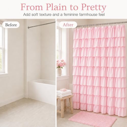 Pink Ruffle Shower Curtain for Master Bathroom, 72 x 84, Ruffled Layered