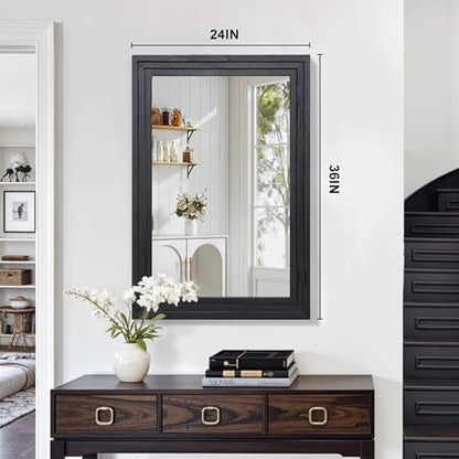 Farmhouse Rustic Wood Framed Bathroom Vanity Mirror for Wall, 24x36, Black