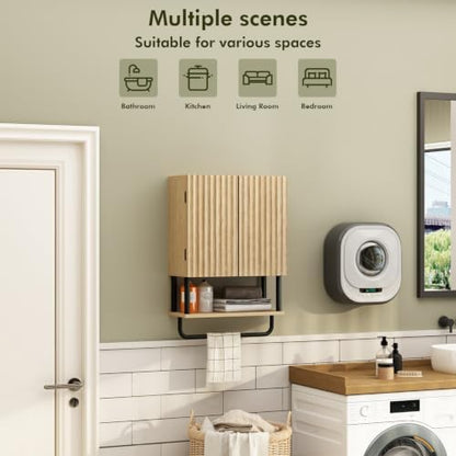 RUSTOWN Fluted Bathroom Wall Cabinet with 2 Doors, 3-Tier Medicine Cabinet