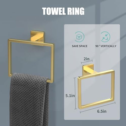5 Piece Gold Towel Bar Set Bathroom Hardware Set Gold Bathroom Accessories Set with 2 Towel Hook, Stainless Steel Wall Mounted Bathroom Towel Rack Set Square 16-Inch