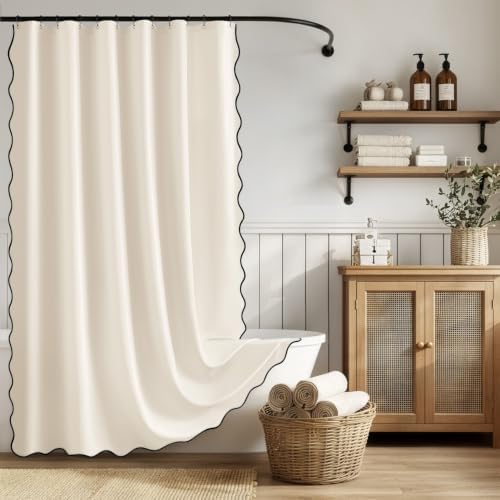 ANRODUO Ivory Scalloped Linen Textured Shower Curtain, W72 x L72