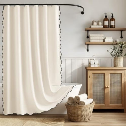 ANRODUO Ivory Scalloped Linen Textured Shower Curtain, W72 x L72