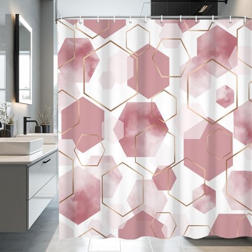 deFouliao Pink Modern Shower Curtain Geometric Grid Art Abstract Waterproof Bathroom Curtain for Bathtub Home Hotel Decor, Washable with Hooks, 72x78 Inch