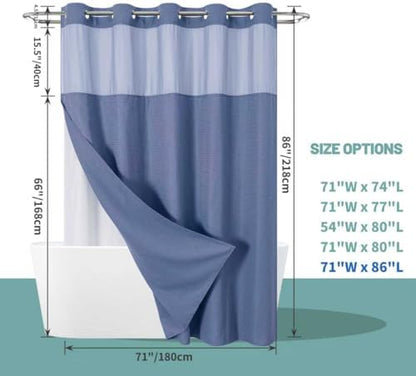 No Hook Long Waffle Shower Curtain, Snap-In Liner, 71x86 in, MoonlightBlue