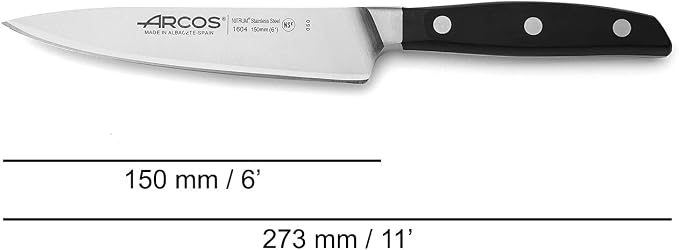 Arcos Forged Chef Knife 6 Inch Stainless Steel. Professional Kitchen Knife for Cooking. Ergonomic Polyoxymethylene Handle and 150 mm Blade. Series Manhattan. Color Black