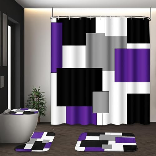 Bathroom Sets with Shower Curtain and Rugs, 4 Pcs, Geometric Purple