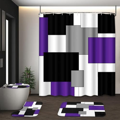 Bathroom Sets with Shower Curtain and Rugs, 4 Pcs, Geometric Purple