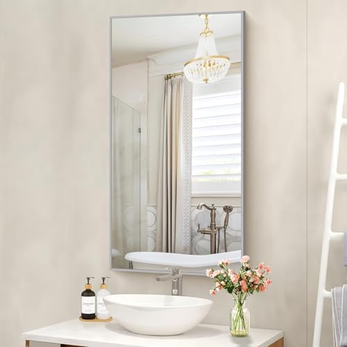 COFENY 48x24In Silver Bathroom Mirror for Wall, Brushed Nickel Rectangle Mirrors with Metal Frame, Bathroom Rectangular Mirror Modern Wall Mirror for Bedroom Living Room, Hangs Horizontal or Vertical