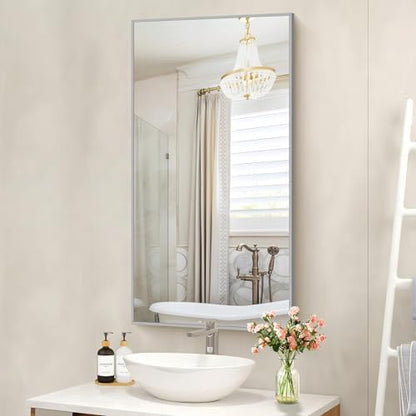 COFENY 48x24In Silver Bathroom Mirror for Wall, Brushed Nickel Rectangle Mirrors with Metal Frame, Bathroom Rectangular Mirror Modern Wall Mirror for Bedroom Living Room, Hangs Horizontal or Vertical