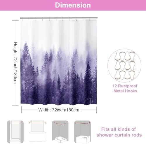 ORTIGIA Purple Misty Forest Shower Curtain for Bathroom, Nature Woodland Shower Curtain Set with Hooks, Decorative Pine Tree Fog Magic Bath Curtain for Home, Waterproof Fabric, Weighted, 72x72
