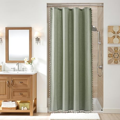 Nanspring Stall Sage Green Boho Linen Shower Curtain 48 Inch Elegant Fancy Tassel Farmhouse Fabric Shower Curtain Set with Hooks Modern Country Decorative Bath Curtain for Bathroom 48x72, Green