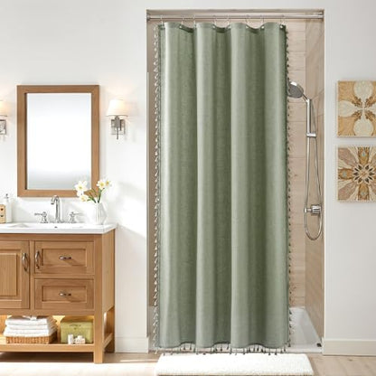 Nanspring Stall Sage Green Boho Linen Shower Curtain 42 Inches Long Weighted Tassel Stall Shower Curtain Set with Hooks Modern Vintage Country Bath Curtain for RV Camper Small Bathroom 42x72, Green