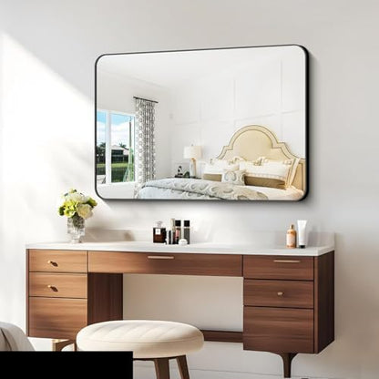 BONEWEI 30x40 inch Bathroom Mirror,Black Rectangle Mirror,Wall Mounted Bathroom Frame Vanity Mirror with Round Corner for Bedroom Living Room, Entryway Hangs Horizontal or Vertical