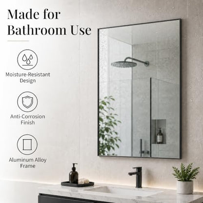 24x36 Matte Black Framed Rectangle Bathroom Vanity Wall Mirror