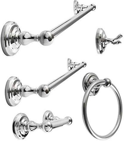SENTO ROBIKI Bathroom Accessories Set, Bath Hardware, Includes Robe Hook, Toilet Paper Holder, Towel Ring, 18” & 24” Towel Bar, Duty Metal Bath Hardware Set Wall Mounted (5-Piece, Polished Chrome)