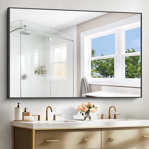 BONEWEI Bathroom Mirror,60x40 inch Bathroom Mirrors for Over Sink,Large Wall Mirror for Bathroom Wall Mounted Rectangle Mirrors,Black Vanity Mirror for Living Room,Bedroom Entryway,Horizontal/Vertical
