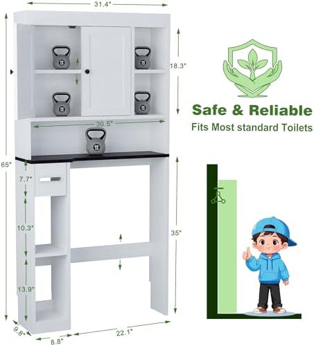 Over The Toilet Storage Cabinet with 7 Shelves, Imitation Walnut Grain Above Toilet Bathroom Organizer with Toilet Paper Holder Stand, Space Saver for Restroom, Laundry, Bathroom (White)