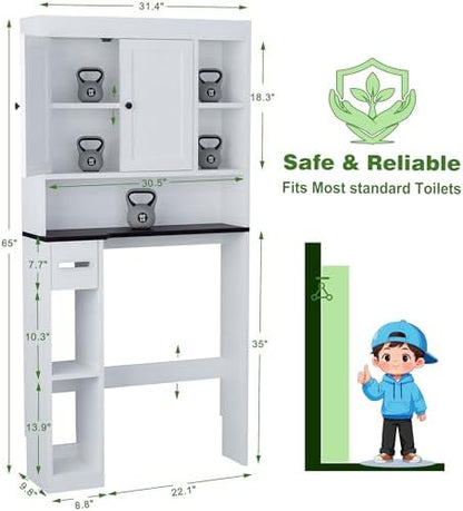 Over The Toilet Storage Cabinet with 7 Shelves, Imitation Walnut Grain Above Toilet Bathroom Organizer with Toilet Paper Holder Stand, Space Saver for Restroom, Laundry, Bathroom (White)