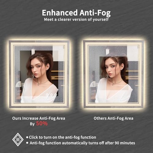Bathroom Mirror, 32x36 Inch Gradient Front and Backlit LED Mirror for Bathroom, 3 Colors Dimmable CRI>90 Double Lights, IP54 Enhanced Anti-Fog, Hanging Plates Wall Mount LED Mirror