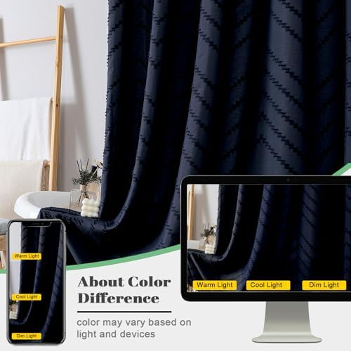 OWENIE Extra Long Navy Blue Boho Shower Curtain, Chic Tufted Chevron Striped Textured Cloth Fabric Shower Curtains with Tassel for Bathroom, Soft Hotel Style Farmhouse, Machine Washable, 72x96
