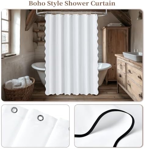BTTN White Boho Scalloped Linen Textured Cloth Shower Curtain Set, 72x72