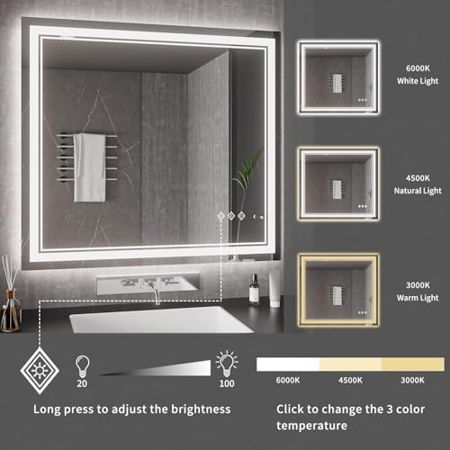 Bathroom Mirrors for Wall, 40x36 Inch Gradient Front and Backlight Lighted Mirror, 3 Colors Dimmable CRI>90 Double Lights, IP54 Enhanced Anti-Fog, Hanging Plates Wall Mount Smart Mirror