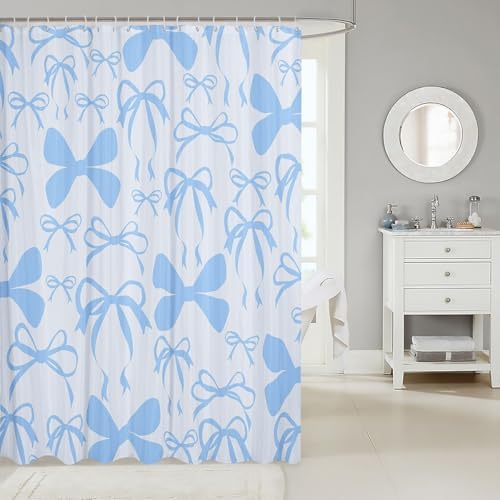 jejeloiu Cute Bowknot Shower Curtain for Bathroom Decor 72"x84" Blue Girls Bow Bath Curtain Kawaii Bathroom Accessories Waterproof Polyester Fabric with 12 Hooks for Stalls Bathtubs Princess Decor