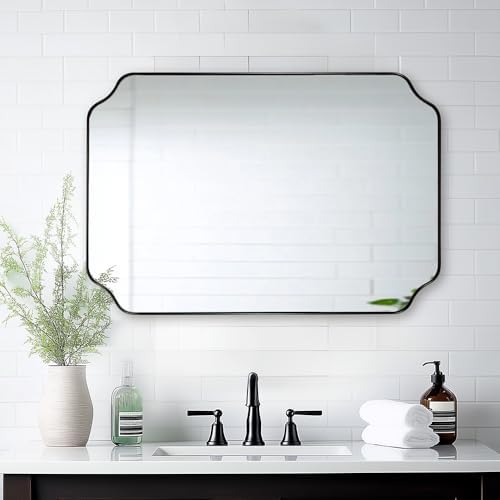 ANDY STAR Matte Black Mirror 26x38 Inch, Scalloped Wall Mirror, Unique Rectangular Bathroom Mirror in Premium Stainless Steel Metal Frame 1’’ Deep, Hangs Vertically/Horizontally