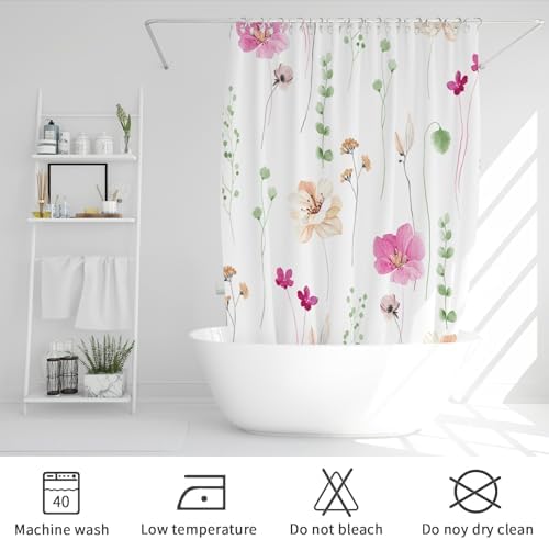 Gibelle Pink Green Beige Watercolor Floral Fabric Shower Curtain, 72x72