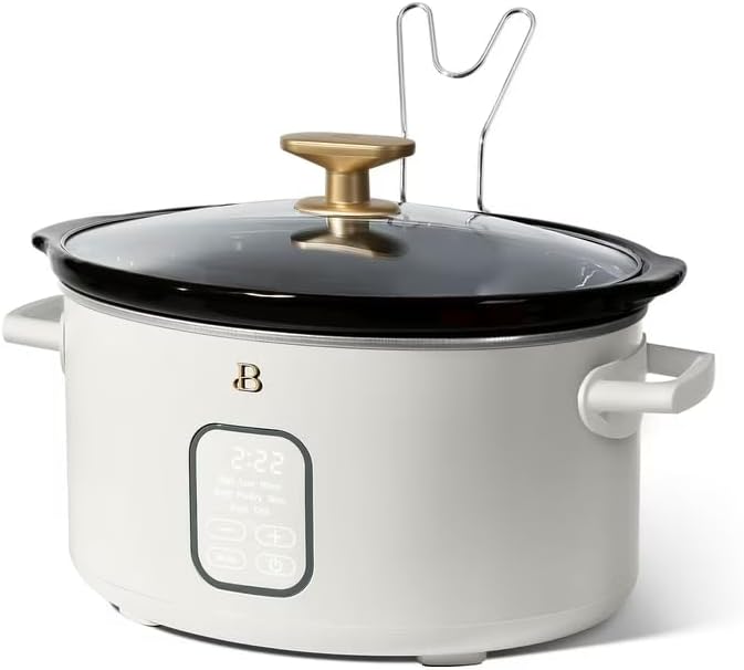 B 6 Qt Programmable Slow Cooker with Digital Timer, 5 Cooking Functions, Removable Ceramic Pot, Tempered Glass Lid, Dishwasher Safe (White Icing)