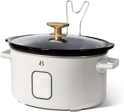 B 6 Qt Programmable Slow Cooker with Digital Timer, 5 Cooking Functions, Removable Ceramic Pot, Tempered Glass Lid, Dishwasher Safe (White Icing)