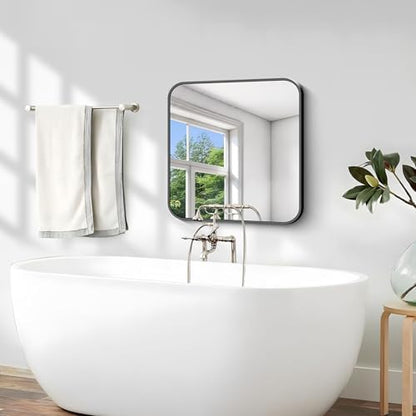Black Bathroom Mirror, 18 x 18 inch Square Mirrors for Wall, Metal Frame Rounded Corner Vanity Mirror for Over Sinks Modern Bedroom Living Room Horizontal Or Vertical Mounting