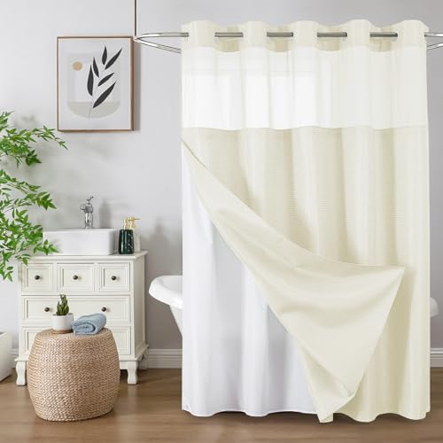 Colorful Star Ivory No Hook Waffle Shower Curtain Set, 72" W x 75" L