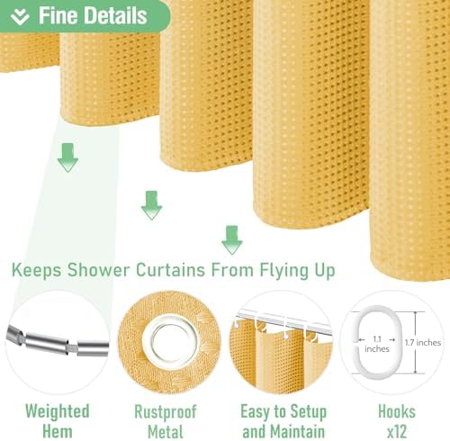 Dynamene Extra Long Waffle Shower Curtain 256 GSM Fabric 72"x84" Gold
